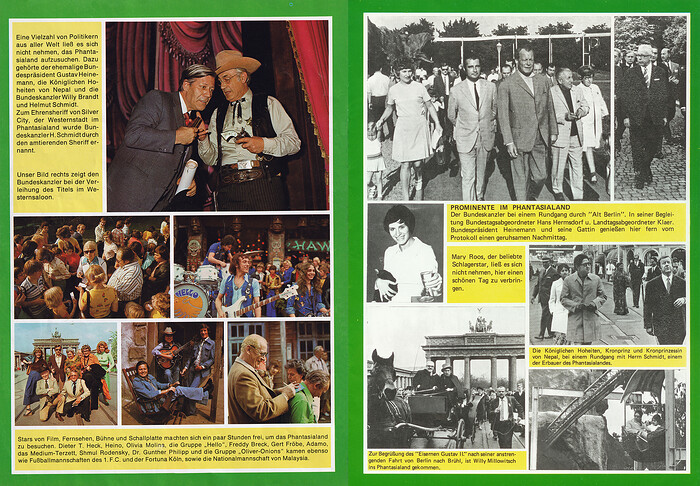 Phantasialand Parkführer 1977 - Seite 19 & 20. Bilder von Prominenz wie z.B. Mary Roos, Willy Millowitsch, Gerd Fröbe, Willy Brandt und der Gruppe Hello.