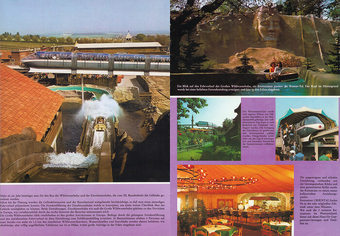 Parkführer 1977 - Seite 15 & 16. Zu sehen sind Bilder der Wildwasserbahn und der Einschienenbahn, das Ramses-Tal und das Restaurant Oriental.