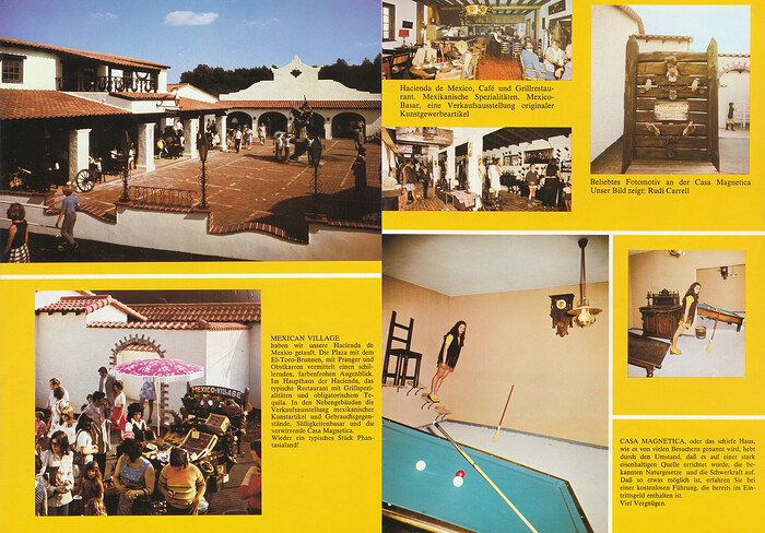 Parkführer 1977 - Seite 13 & 14. Zu sehen sind Mexican Village Hazienda de Mexico, Casa Magnetica und Rudi Carrell am Pranger.