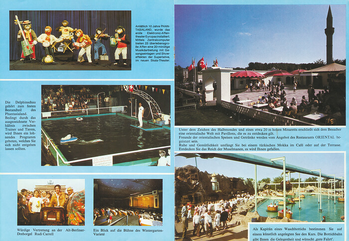Parkführer 1977 - Seite 11 & 12. Zu sehen sind die Klimbimski-Show, Delphin Show, Rudi Carell an der Drehorgel, Türkisches Zentrum, Restaurant Oriental und Bottichbahn.