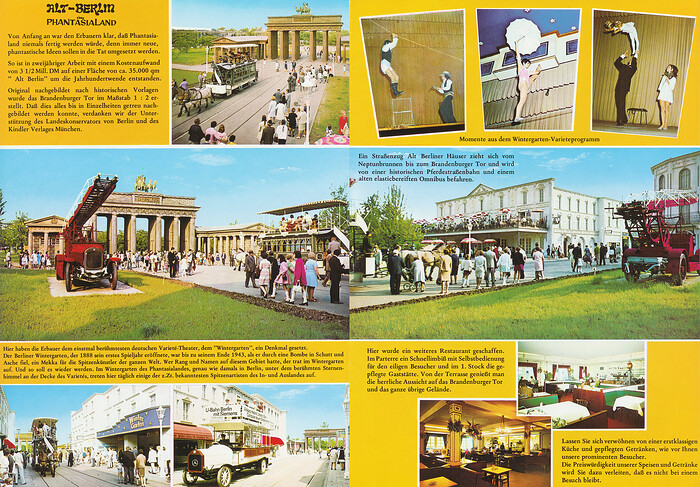 Parkführer 1977 - Seite 9 & 10. Zu sehen sind mehrere Bilder von Alt-Berlin und dem Varieté-Theater Wintergarten.