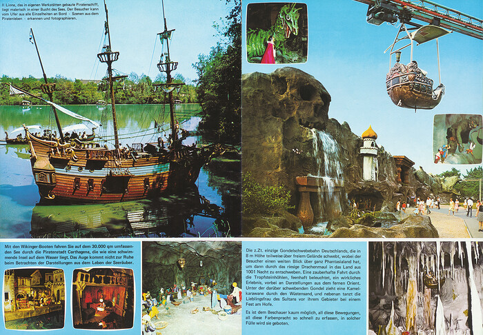 Parkführer 1977 - Seite 7 & 8. Zu sehen sind Piratenschiff II Lione, Piratenstadt Carthagena und Gondelschwebebahn 1001 Nacht.