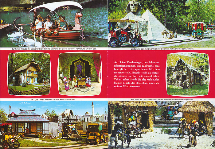 Parkführer 1977 - Seite 3 & 4. Zu sehen sind Märchenwald, Oldtimer-Fahrt, Der kleine Muck, Hänsel und Gretel und die Sphinx.