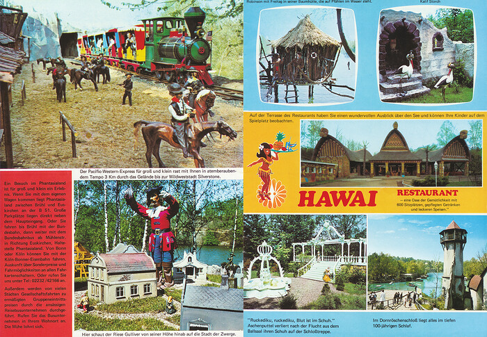 Parkführer 1977 - Seite 5 & 6. Zu sehen sind Pacific Western Express, Hawaii Restaurant, Dornröschenschloß, Riese Gulliver und Aschenputtel.