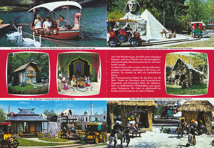 Phantasialand Parkführer 1978 bis 1980 - Seite 3 & 4. Zu sehen sind Märchenwald, Oldtimer-Fahrt, Der kleine Muck, Hänsel und Gretel und die Sphinx.