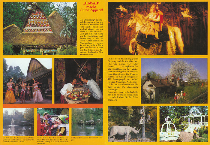 Phantasialand Parkführer 1978 bis 1980 - Seite 7 & 8. Zu sehen sind Hawaii Restaurant und Bilder aus dem Märchenwald.