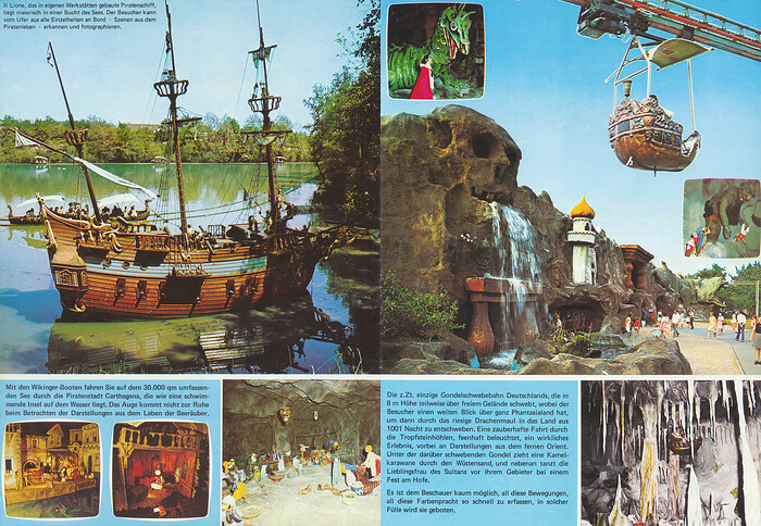 Phantasialand Parkführer 1978 bis 1980 - Seite 9 & 10. Zu sehen sind Piratenschiff II Lione, Piratenstadt Carthagena und Gondelschwebebahn 1001 Nacht.