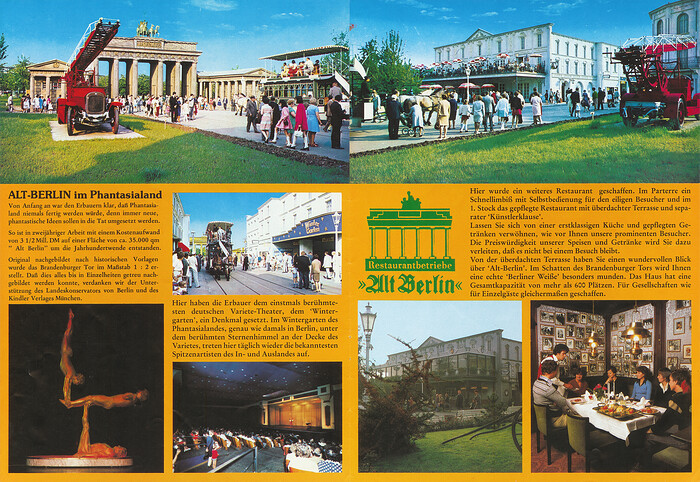 Phantasialand Parkführer 1978 bis 1980 - Seite 11 & 12. Zu sehen sind mehrere Bilder von Alt-Berlin und dem Varieté-Theater Wintergarten.