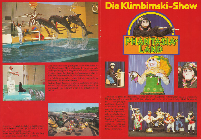 Phantasialand Parkführer 1978 bis 1980 - Seite 13 & 14. Zu sehen sind Bilder der Klimbimski-Show, Delphin Show und der Polyp.