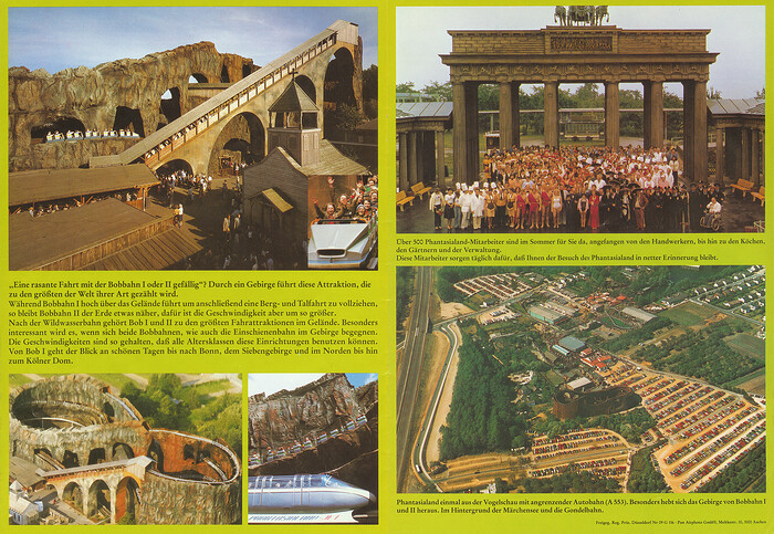 Phantasialand Parkführer 1978 bis 1980 - Seite 17 & 18. Bilder der Bobbahn I und II, vom Brandenburger Tor und eine Luftaufnahme vom Park.