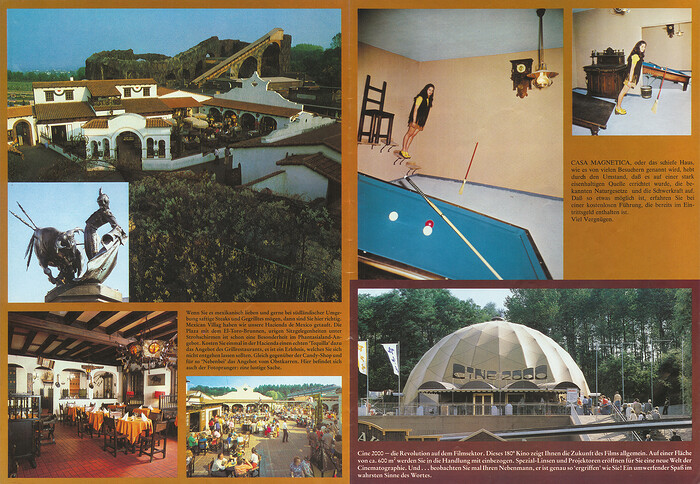 Phantasialand Parkführer 1978 bis 1980 - Seite 19 & 20. Zu sehen sind Mexican Village Hazienda de Mexico, Casa Magnetica und Cine 2000.