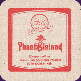 Phantasialand Bierdeckel mit dem Hinweis auf 20 Jahre (1967-1987) bestehen und dem Pirat.
