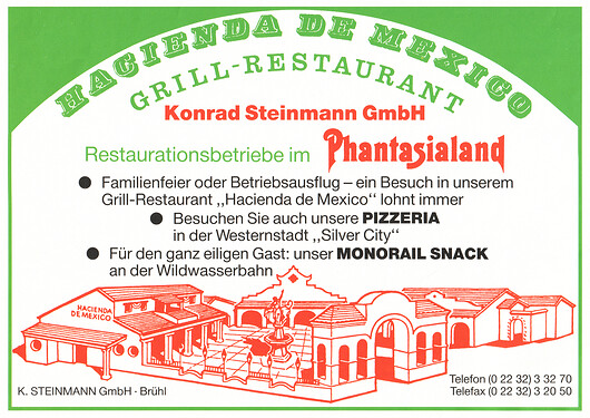 Werbeanzeige aus einem Schausteller Jahrbuch von 1990 für Hacienda de Mexico & Monorail Snack im Phantasialand.