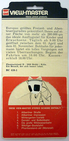 Rückseite der Verpackung der Phantasialand View Master Scheibe (GAF BC 4381) von 1976.