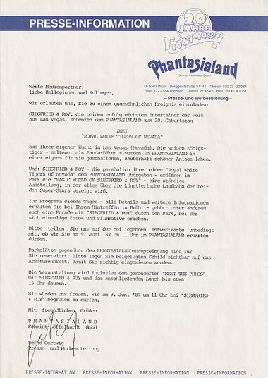 Presseinformation aus der "Phantasialand Siegfried & Roy Pressemappe von 1987".