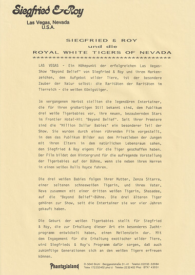 Royal white tigers of Nevada aus der "Phantasialand Siegfried & Roy Pressemappe von 1987".