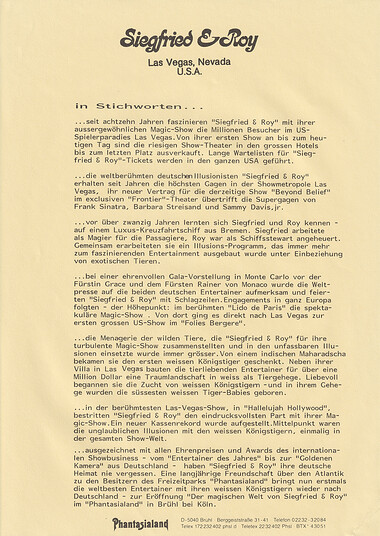 In Stichworten aus der "Phantasialand Siegfried & Roy Pressemappe von 1987".