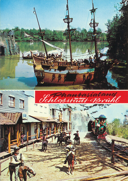 Phantasialand Ansichtskarte P7 Westerneisenbahn mit Westernstadt Silverstone und Piratenschiff "II Leone".