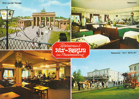 Phantasialand Ansichtskarte P3 Restaurant Alt-Berlin und blick von der Terrasse auf das Brandenburger Tor.