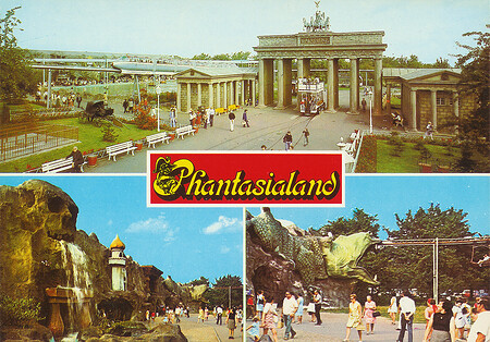 Phantasialand Ansichtskarte P4a Brandenburger Tor, Nachbau im Maßstab 1:2 und Gondelbahn, die Schwebebahn durch das Reich von 1001 Nacht.