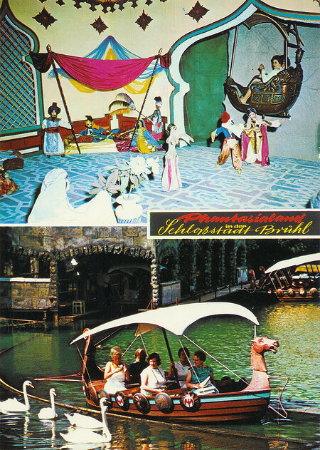 Phantasialand Ansichtskarte P6 Wikinger-Bootsfahrt zu den Piraten von Carthagena und Gondelfahrt 1001 Nacht - Palast Cheherasade.