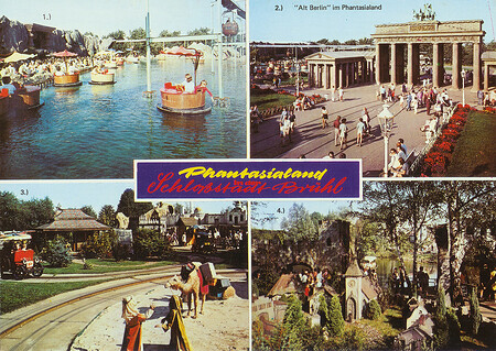 Phantasialand Ansichtskarte P8 Zu sehen sind Gondelbahn und Bottichbahn, Brandenburger Tor, Oldtimerfahrt und Stadt der Zwerge.