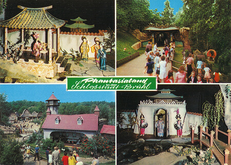 Zu sehen sind Chinesische Nachtigall, Eingang zum Märchenpark und Dornröschen-Schloß.